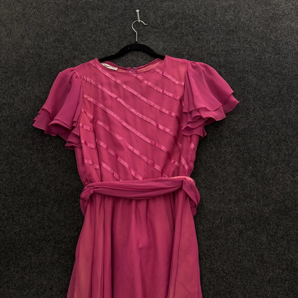 Vintage Destinations Pink Chiffon Flutter Sleeve Dress 70s 80s Magenta Small